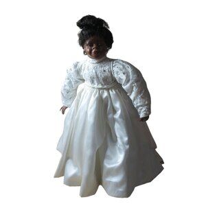 African American Porcelain 18" Bridal Doll Wistful face Inc Stand